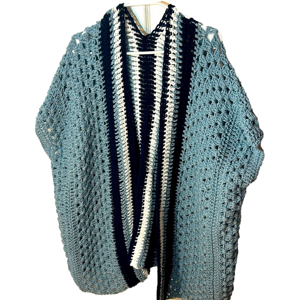 Hand crocheted handmade OSFM blue striped open cardigan cottagecore - Picture 2 of 4